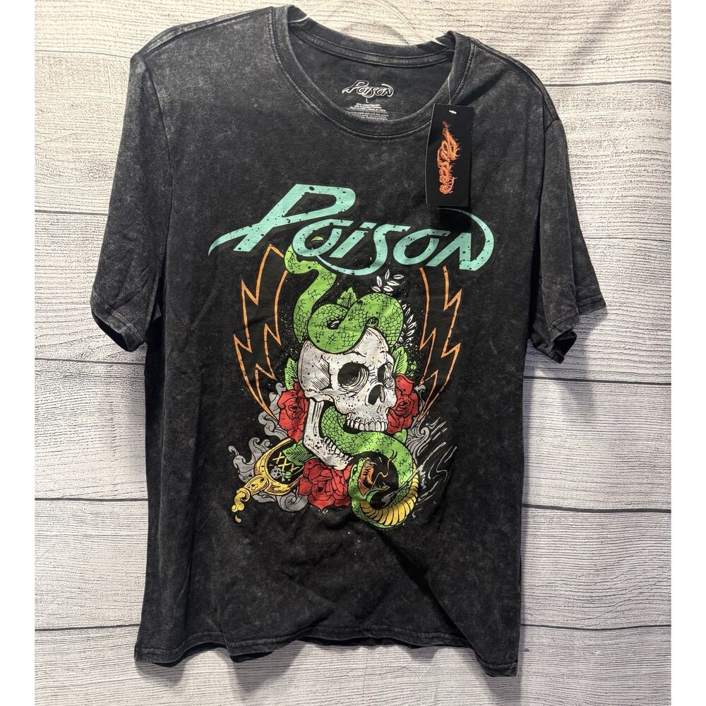 New Poison Band T Shirt Adult Large Black Stonewashed Skull Snake NWT